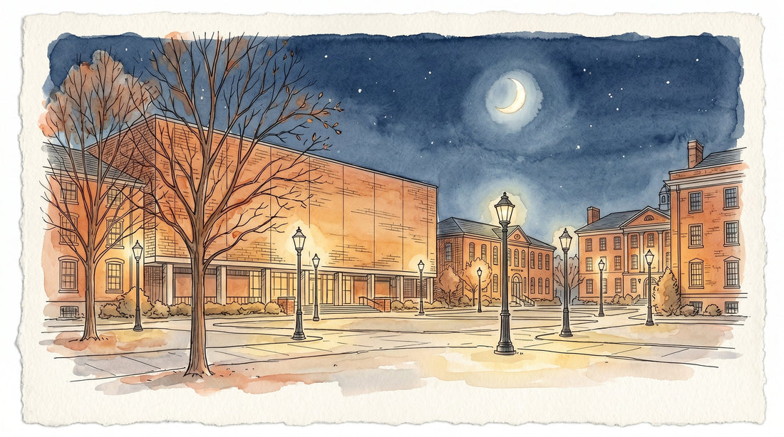 Lincoln University quad at night, watercolor illustration