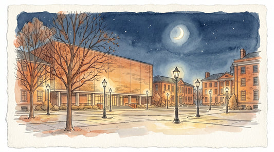Lincoln University quad at night, watercolor illustration