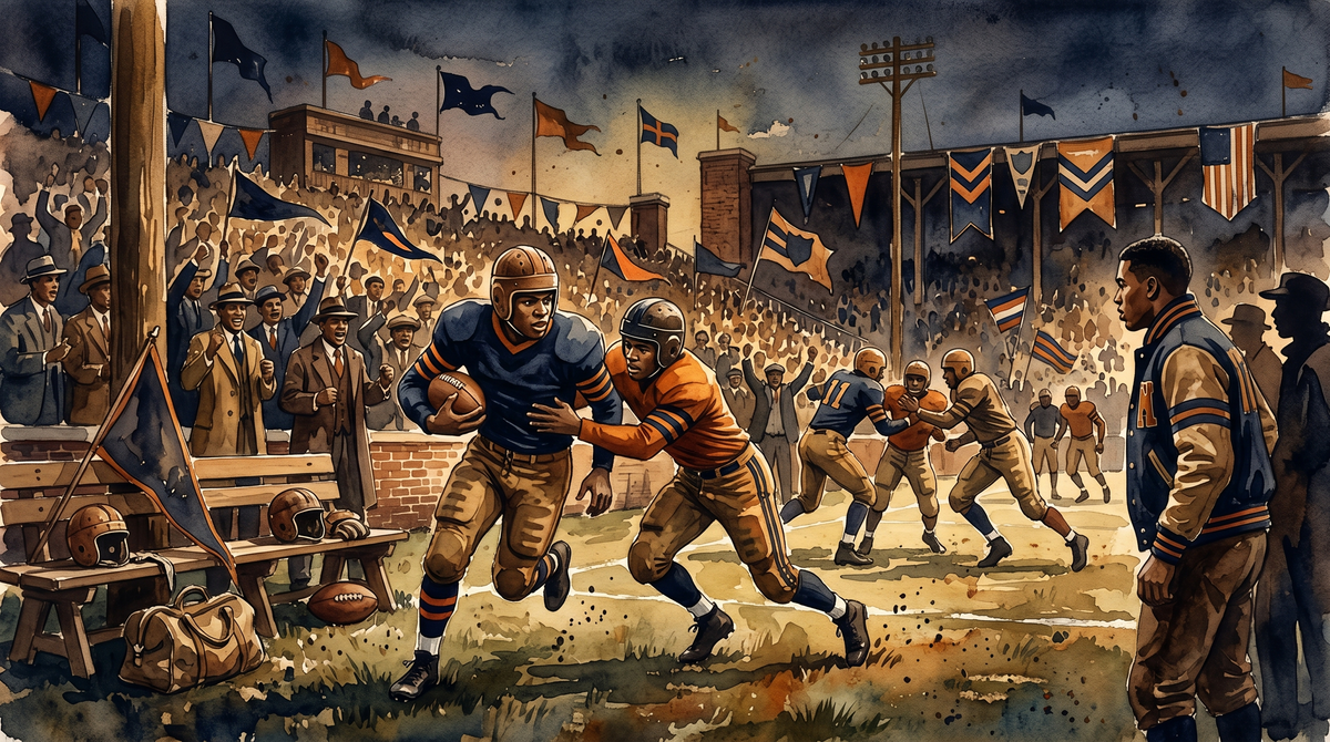 Athletic Collection - vintage watercolor of Lincoln University football players in Orange and Blue