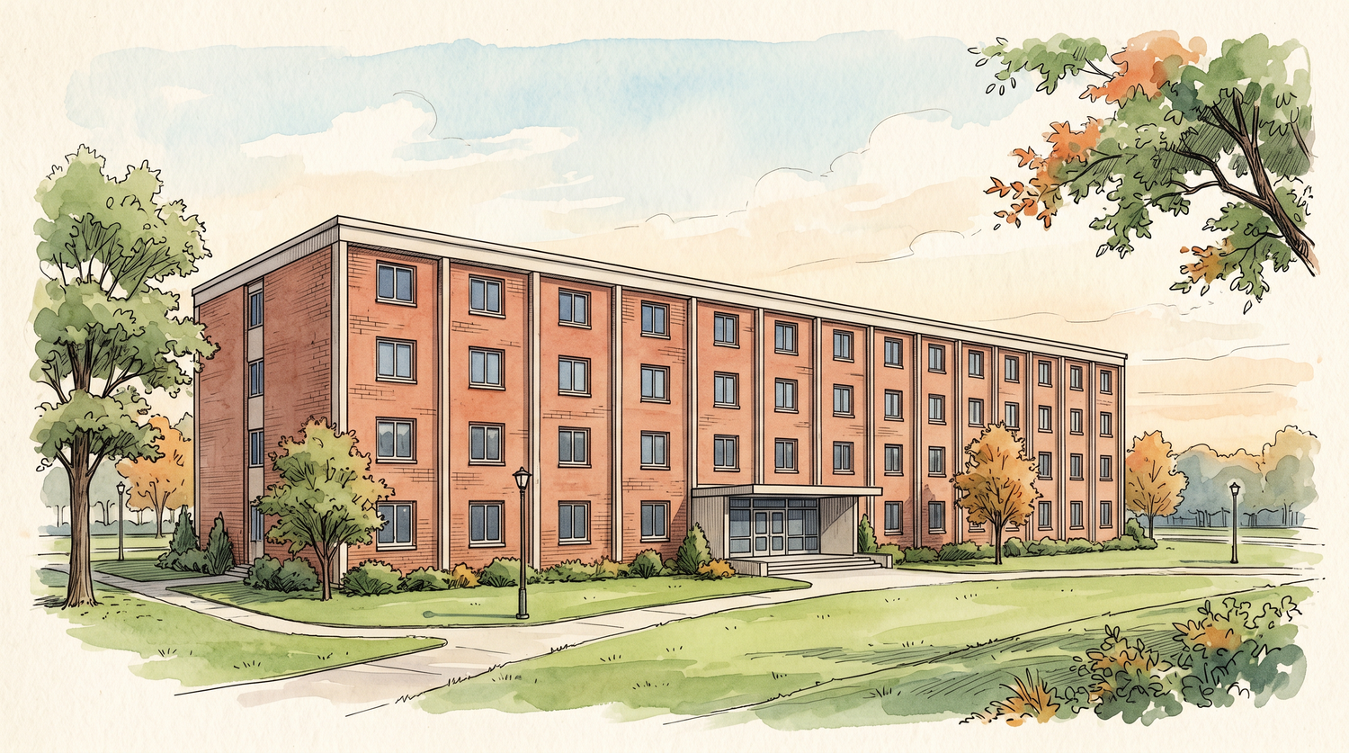 1960s brick dormitory building illustration