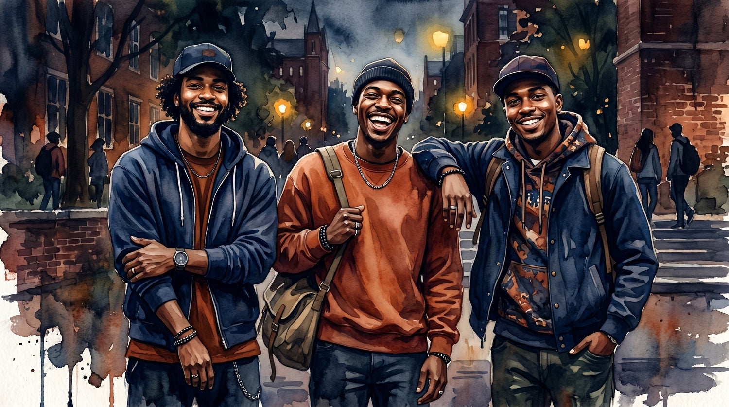 Men's Selection - smiling young men in collegiate streetwear, Lincoln navy and orange watercolor