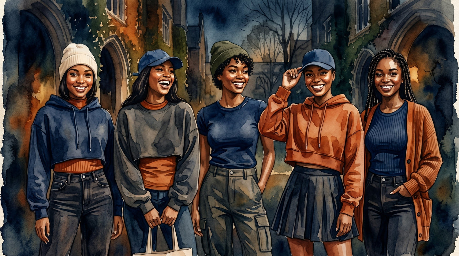 Women's Selection - smiling young women in collegiate streetwear, Lincoln navy and orange watercolor