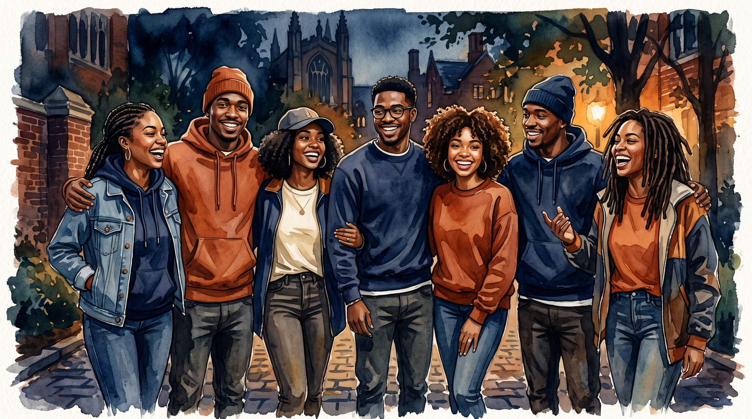 Unisex Selection - smiling diverse group of friends in collegiate streetwear, Lincoln navy and orange watercolor