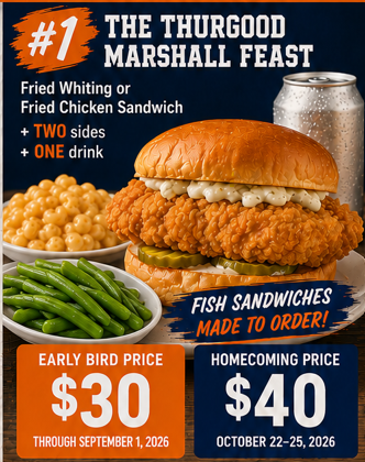 The Thurgood Marshall Lunch Feast — fried whiting or fried chicken sandwich with two sides and one drink