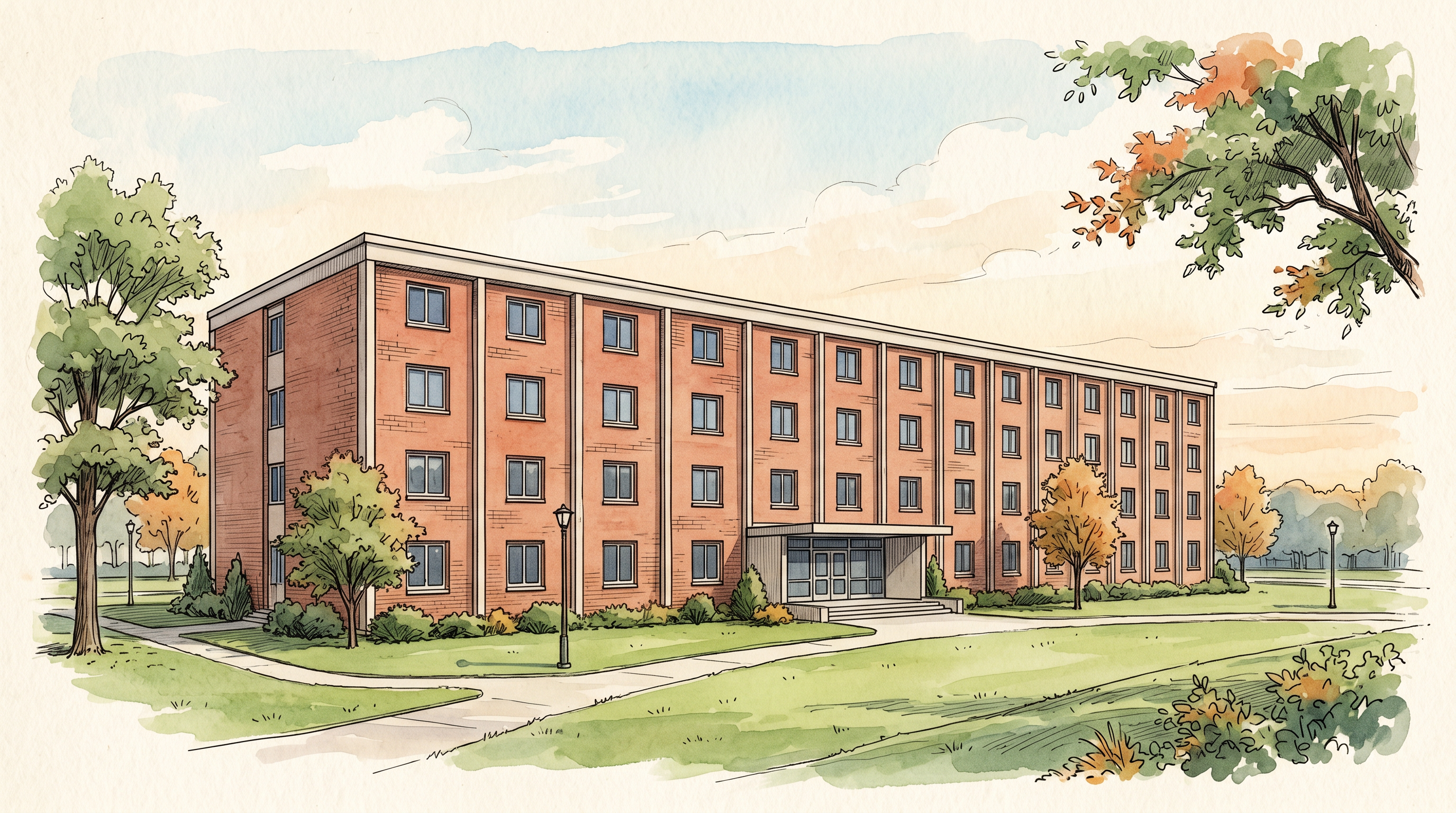 1960s brick dormitory building illustration