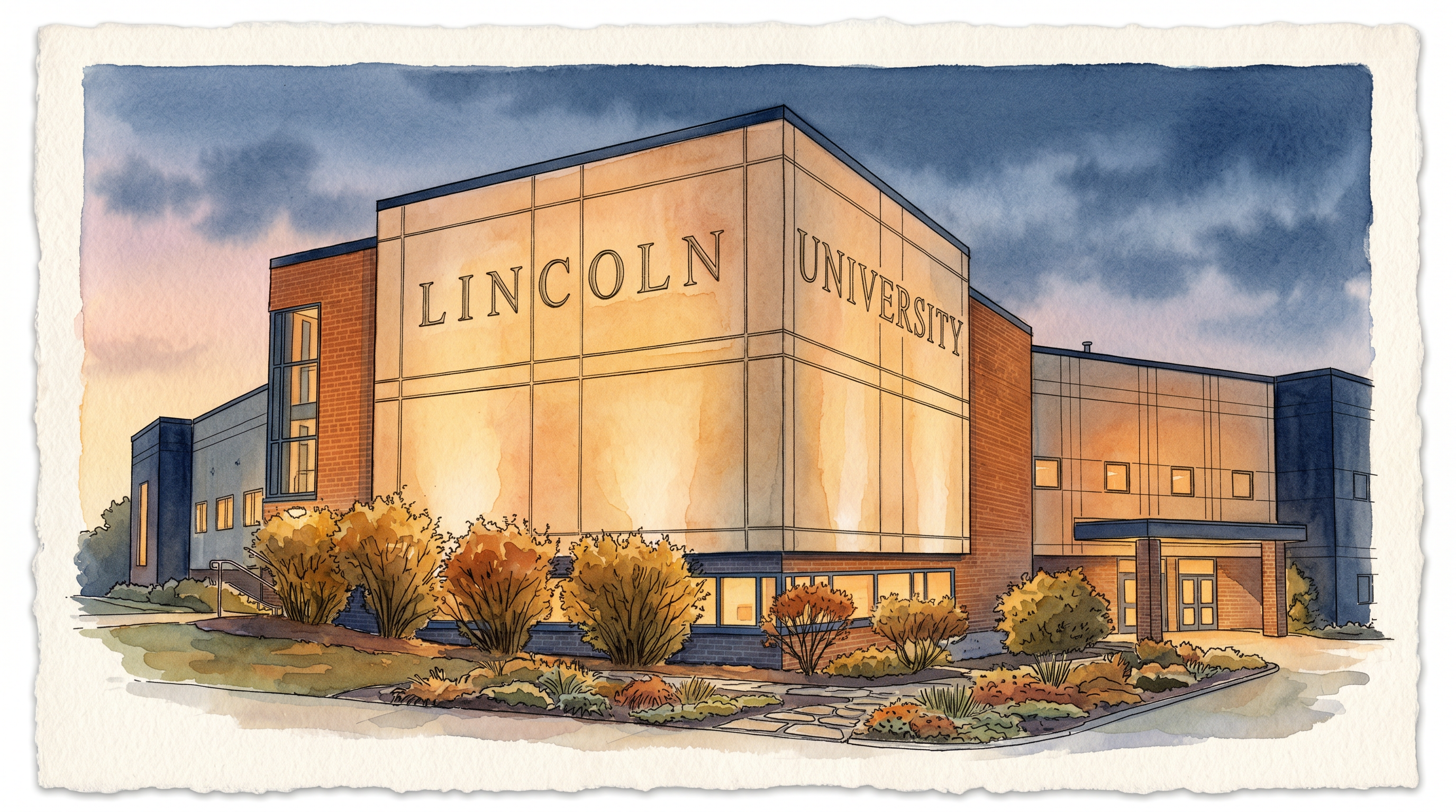 Lincoln University engraved building at golden hour, watercolor illustration